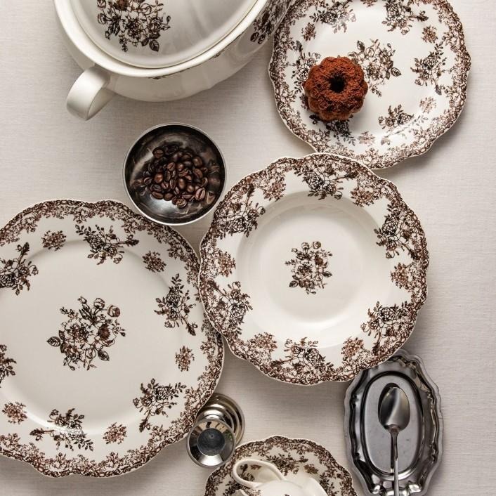 Porcelánová jídelní sada Hnědé květy – 18dílná, pro 6 osob