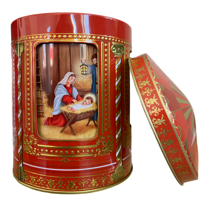 Plechová dóza s hrací skříňkou "V Betlémě"