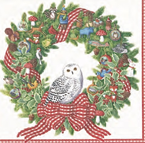 Vánoční papírové ubrousky Věnec Sněžná sova 20 ks