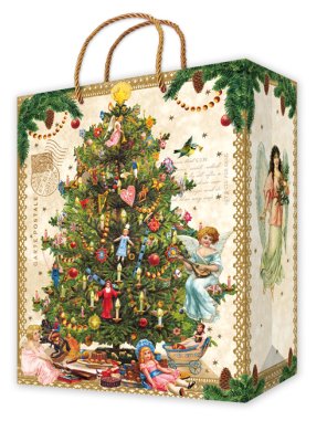 Vánoční papírová dárková taška Vánoční stromek vintage 33 cm