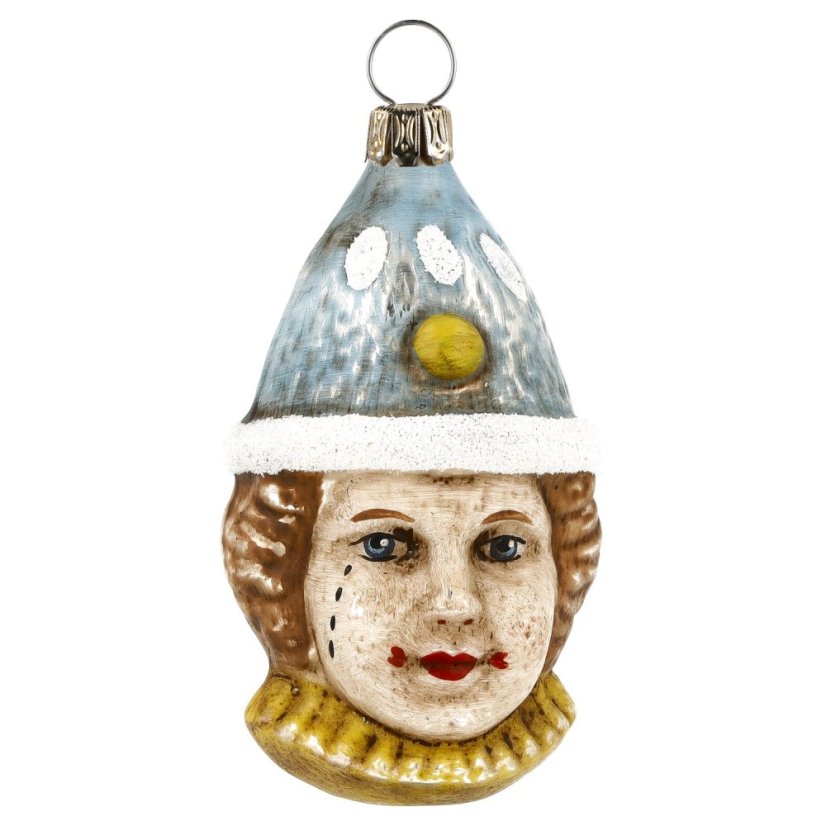 Zberateľská sklenená ozdoba na stromček Klaun s modrým klobúkom - vintage