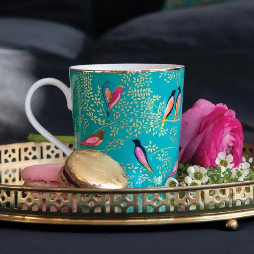 Porcelánový hrnek s 22karátovým zlatem Ptáci - zelený 340 ml