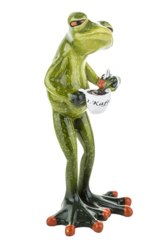 Soška Žaba s hrnkem kávy