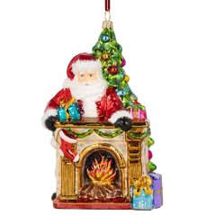 Zberateľská sklenená ozdoba stromčeka Santa za krbom