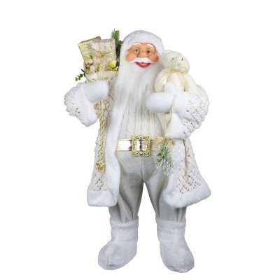 Vánoční dekorace Santa bílo-zlatý s medvídkem 80 cm