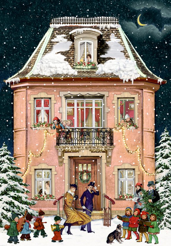Pohlednicový mini adventní kalendář Vánoční domek 11,5x16,5 cm