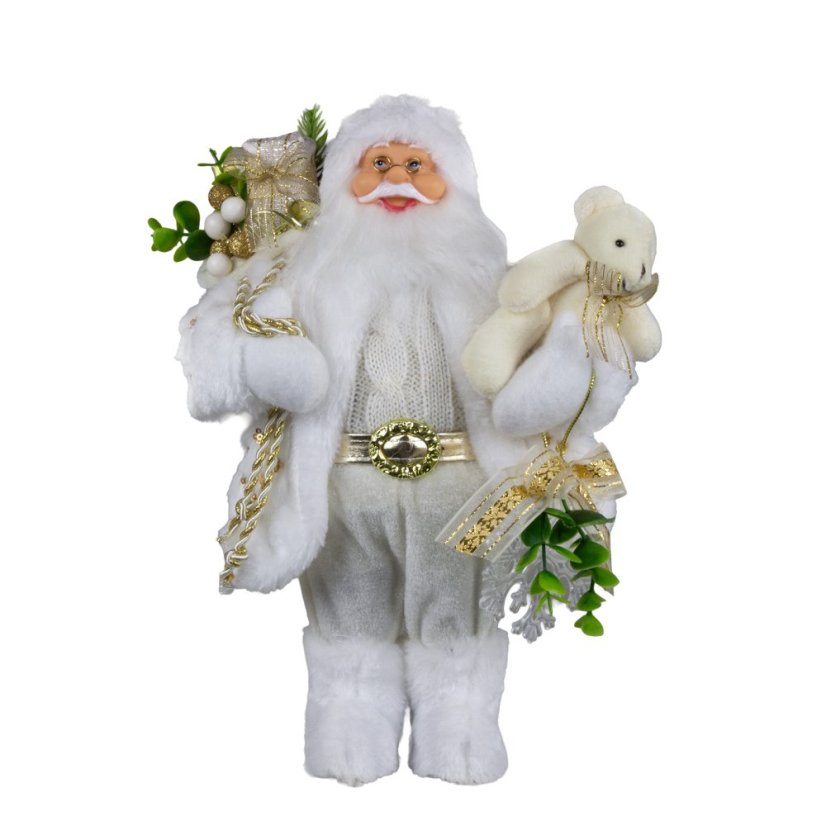 Vánoční dekorace Santa bílo-zlatý s medvídkem 30 cm