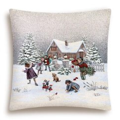 Gobelínový vánoční povlak na polštář s motivem Zimní radovánky 45x45 cm