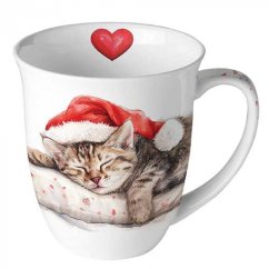 Porcelánový vánoční hrnek Spící kocourek 400 ml