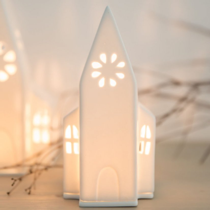 Porcelánový svícen Domek - Kostel 18 cm