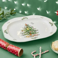 Kameninový oválný servírovací talíř Retro vánoční stromek 35 cm