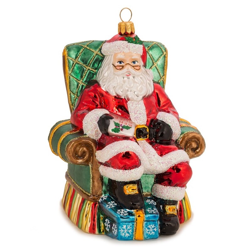 Sběratelská skleněná ozdoba na stromeček Santa v křesle