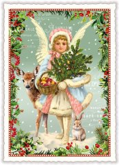 Vianočná pohľadnica Anjel s vianočným stromčekom 10,5 x 15 cm