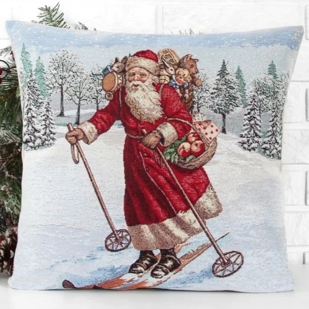 Gobelínový vánoční povlak na polštář s motivem  Santa na lyžích 45x45 cm