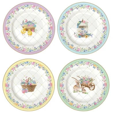 Set of 4 porcelain dessert plates Spring flowers 19 cm