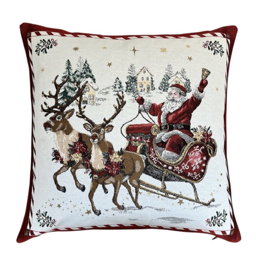 Žakárový vánoční povlak na polštář s motivem Santa na saních 50x50 cm