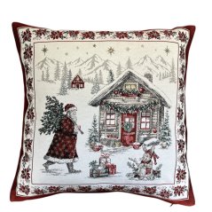 Žakárová vianočná obliečka na vankúš so Santom so stromčekom 50x50 cm