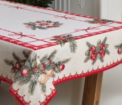 Tapestry Christmas tablecloth with Christmas ribbons