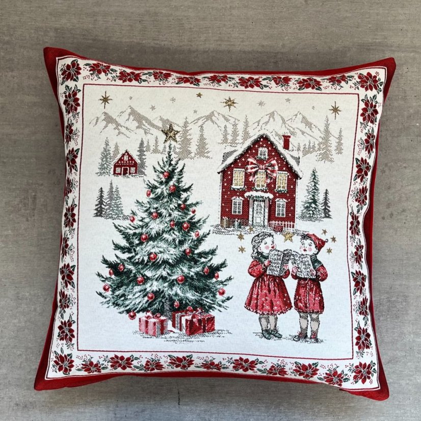 Žakárový vánoční povlak na polštář s motivem Koledníci 50x50 cm