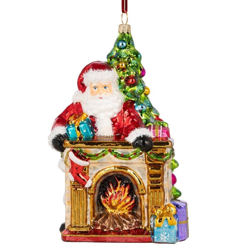 Sběratelská skleněná ozdoba na stromeček Santa za krbem