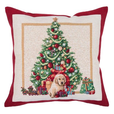 Tapestry Christmas pillowcase with motif Puppies by the tree 45x45 cm