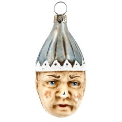 Zberateľská sklenená ozdoba na stromček Klaun s modrým klobúkom - vintage hlava