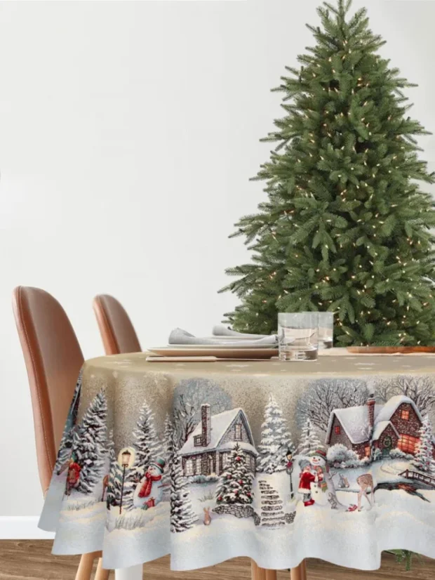 Vánoční ubrus s motivem Zima na venkově kulatý 180 cm