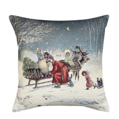 Gobelínový vánoční povlak na polštář s motivem Santa a andělé 45x45 cm