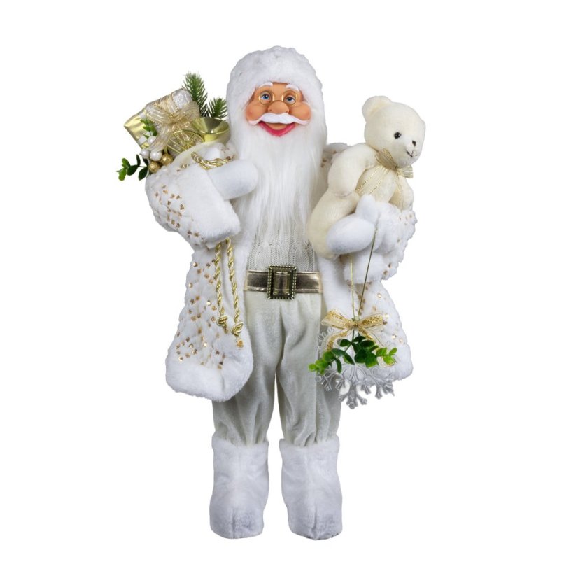 Vánoční dekorace Santa bílo-zlatý s medvídkem 60 cm