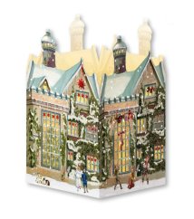 Pohlednicový mini adventní kalendář s lucernou Nostalgický vánoční domeček 16,5 x 11,5 cm