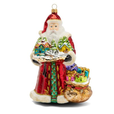 Sběratelská skleněná ozdoba na stromeček Santa s domky