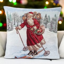 Gobelínový vánoční povlak na polštář s motivem  Santa na lyžích 45x45 cm