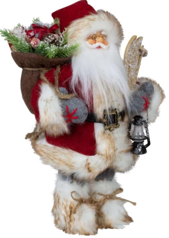 Vianočná dekorácia Santa v červenom kabáte s lyžami 30 cm