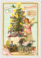 Christmas postcard Angels at the Christmas tree 10,5 x 15 cm