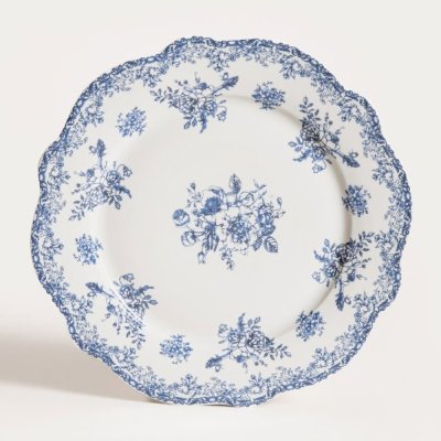 Großer, flacher Porzellanteller mit blau-weißen Blumen, 27 cm
