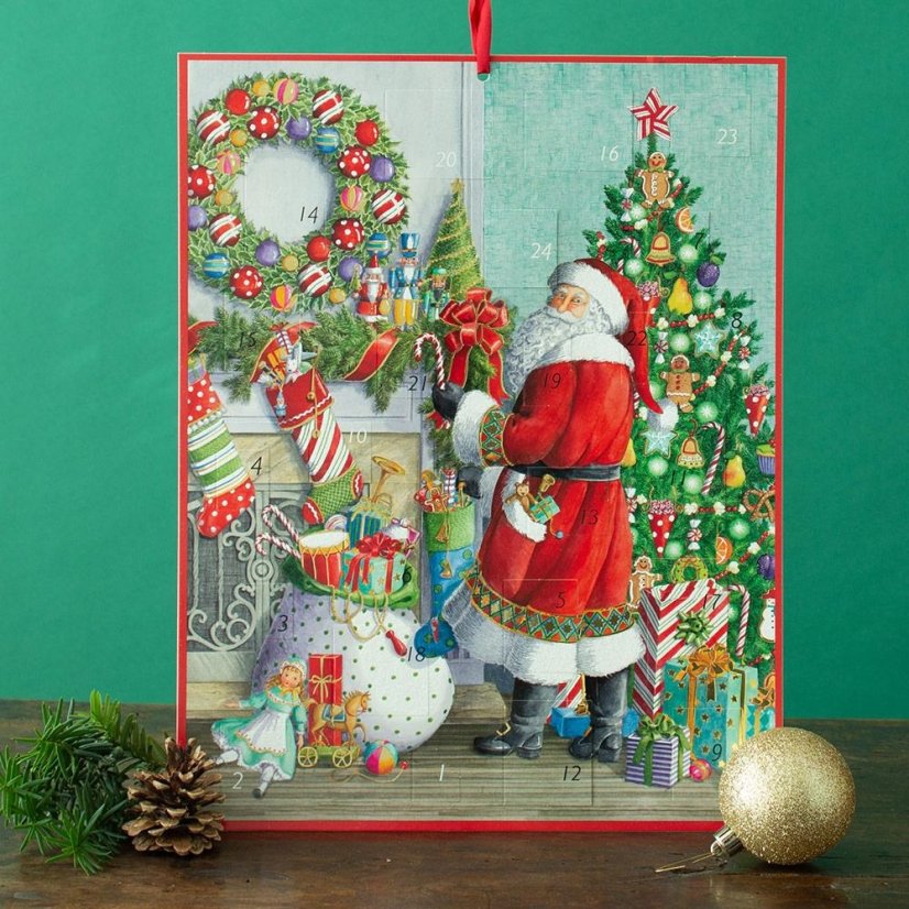 Obrázkový adventní kalendář Santa u krbu 32x41 cm