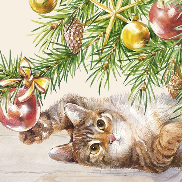 Christmas paper napkins Cat under the Christmas tree 20 pcs
