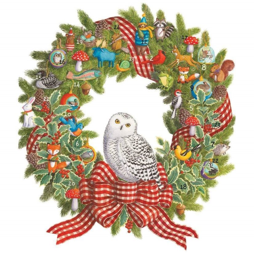 Obrázkový adventní kalendář Věnec Sněžná sova 33x38 cm