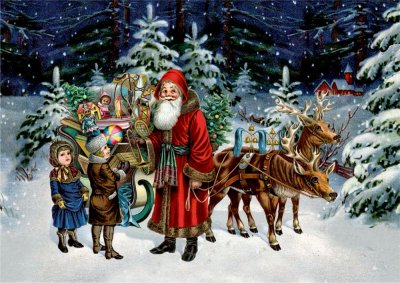 Pohlednicový miniaturní adventní kalendář Santa a dětí 8,5x6 cm