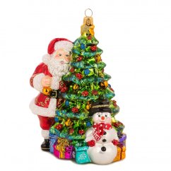 Collectible glass tree ornament Santa with snowman by the Christmas tree 18 cm